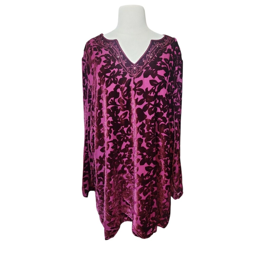 Maggie Barnes Velvet Burnout Tunic Top Womens 2X Wine Whimsigoth Sheer Relaxed